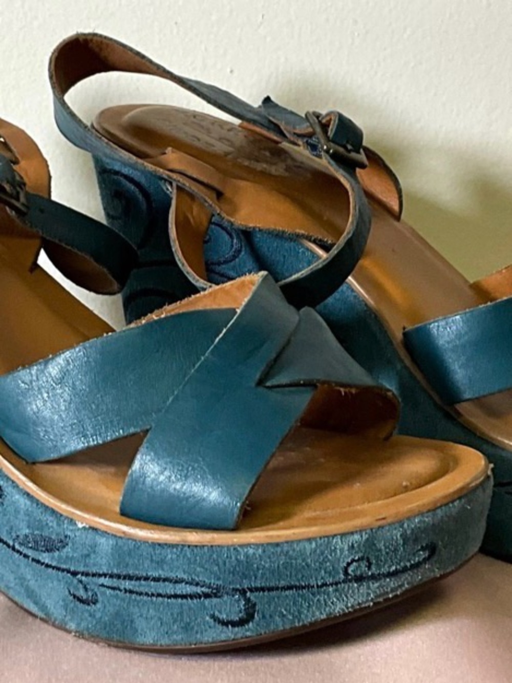 Kork-Ease Teal Leather Platform Sandals for Women - Picture 1 of 7